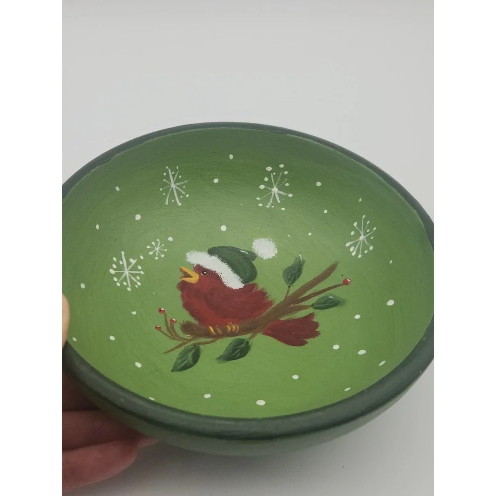 Wooden Bowl Hand Painted Christmas Cardinal Bird Santa Hat 6